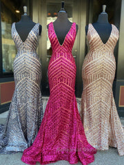 Shiny Mermaid Long V Neck Red Sequins Semi Formal Prom Dresses
