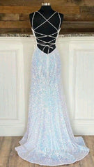 Shiny Mermaid Sequins Long White Semi Formal Prom Dresses V Neck Sleeveless Formal Dresses
