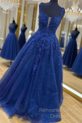 Shiny Navy Blue Lace Semi Formal Prom Dresses, Navy Blue Lace Formal Graduation Dresses