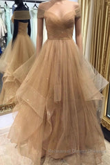 Shiny Off Shoulder Champagne Long Semi Formal Prom Dresses, Off the Shoulder Champagne Formal Dresses, Fluffy Champagne Evening Dresses
