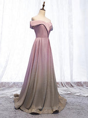Shiny Off Shoulder Pink Ombre Semi Formal Prom Dresses, Pink Ombre Formal Graduation Evening Dresses
