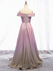 Shiny Off Shoulder Pink Ombre Semi Formal Prom Dresses, Pink Ombre Formal Graduation Evening Dresses