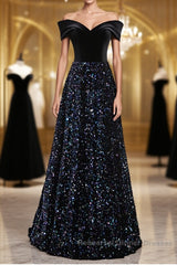 Shiny Off the Shoulder Black Semi Formal Prom Dresses with Corset Back, Shiny Black Long Formal Evening Dresses