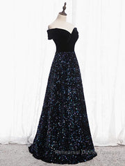 Shiny Off the Shoulder Black Semi Formal Prom Dresses with Corset Back, Shiny Black Long Formal Evening Dresses
