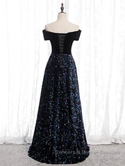 Shiny Off the Shoulder Black Semi Formal Prom Dresses with Corset Back, Shiny Black Long Formal Evening Dresses