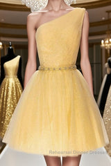 Shiny One Shoulder Yellow Short Semi Formal Prom Dresses Homecoming Dresses with Belt, Short One Shoulder Yellow Formal Evening Dresses