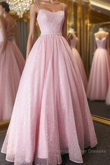 Shiny Pink Backless Long Semi Formal Prom Dresses, Pink Open Back Long Formal Evening Dresses