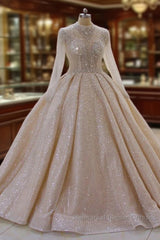 Shiny Sequined Long Sleevess Pleats Champange Wedding Dresses