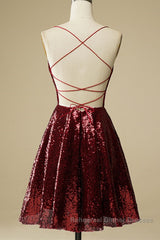 Shiny Sequins Backless Burgundy Short Semi Formal Prom Dresses, Backless Burgundy Homecoming Dresses, Burgundy Formal Evening Dresses