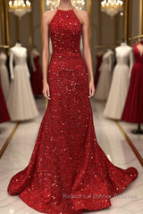 Shiny Sequins Backless Mermaid Red Long Semi Formal Prom Dresses, Mermaid Red Formal Dresses, Backless Red Evening Dresses