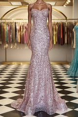 Shiny Sequins Mermaid Pink Long Semi Formal Prom Dresses, Sweetheart Neck Pink Formal Dresses, Mermaid Pink Evening Dresses
