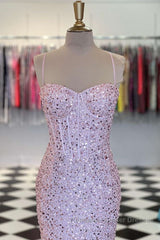 Shiny Sequins Mermaid Pink Long Semi Formal Prom Dresses, Sweetheart Neck Pink Formal Dresses, Mermaid Pink Evening Dresses