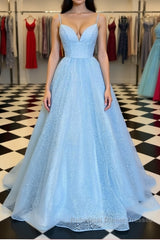 Shiny Sequins V Neck Blue Long Semi Formal Prom Dresses, Sparkly Blue Formal Graduation Evening Dresses