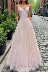 Shiny Sequins V Neck Pink Long Semi Formal Prom Dresses, V Neck Pink Formal Graduation Evening Dresses