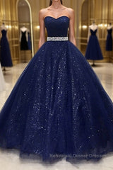 Shiny Strapless Dark Blue Long Semi Formal Prom Dresses, Dark Blue Long Formal Evening Gown
