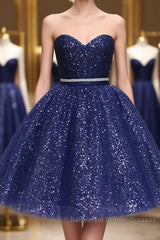 Shiny Strapless Sweetheart Neck Blue Short Semi Formal Prom Dresses Homecoming Dresses with Belt, Sparkly Blue Formal Evening Dresses