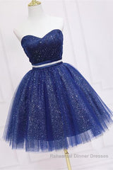Shiny Strapless Sweetheart Neck Blue Short Semi Formal Prom Dresses Homecoming Dresses with Belt, Sparkly Blue Formal Evening Dresses