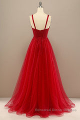 Shiny Sweetheart Neck Red Tulle Beaded Long Semi Formal Prom Dresses, Open Back Red Tulle Formal Graduation Evening Dresses