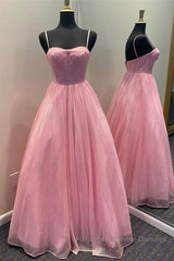 Shiny Tulle Open Back Long Semi Formal Prom Dresses, Long Tulle Formal Graduation Evening Dresses