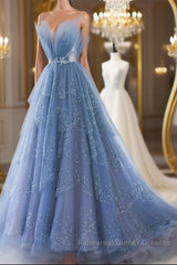 Shiny Tulle V Neck Blue Long Semi Formal Prom Dresses, Blue Tulle Formal Evening Dresses, Blue Ball Gown