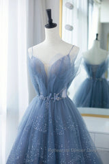 Shiny Tulle V Neck Blue Long Semi Formal Prom Dresses, Blue Tulle Formal Evening Dresses, Blue Ball Gown