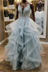 Shiny V Neck Backless Fluffy Blue Long Semi Formal Prom Dresses, V Neck Blue Formal Dresses, Blue Lace Evening Dresses