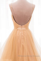 Shiny V Neck Backless Golden Long Semi Formal Prom Dresses, Backless Golden Formal Dresses, Golden Evening Dresses