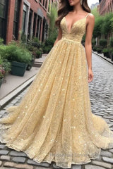 Shiny V Neck Backless Long Golden Semi Formal Prom Dresses, Sparkly Golden Formal Dresses, Golden Evening Dresses