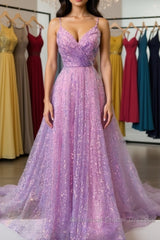 Shiny V Neck Backless Long Purple Semi Formal Prom Dresses, Backless Lilac Formal Graduation Evening Dresses