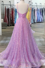 Shiny V Neck Backless Long Purple Semi Formal Prom Dresses, Backless Lilac Formal Graduation Evening Dresses