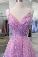 Shiny V Neck Backless Long Purple Semi Formal Prom Dresses, Backless Lilac Formal Graduation Evening Dresses