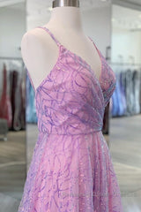 Shiny V Neck Backless Long Purple Semi Formal Prom Dresses, Backless Lilac Formal Graduation Evening Dresses