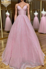 Shiny V Neck Backless Pink Long Semi Formal Prom Dresses, Backless Pink Formal Graduation Evening Dresses