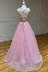 Shiny V Neck Backless Pink Long Semi Formal Prom Dresses, Backless Pink Formal Graduation Evening Dresses
