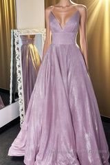 Shiny V Neck Backless Purple Long Semi Formal Prom Dresses, Sparkly Backless Purple Formal Evening Dresses