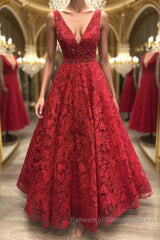 Shiny V Neck Burgundy Lace Long Semi Formal Prom Dresses, Burgundy Lace Formal Dresses, Sparkly Burgundy Evening Dresses