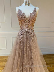 Shiny V Neck Champagne Lace Semi Formal Prom Dresses, Champagne V Neck Lace Formal Graduation Evening Dresses