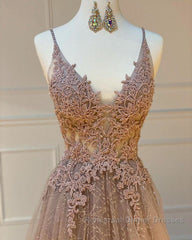 Shiny V Neck Champagne Lace Semi Formal Prom Dresses, Champagne V Neck Lace Formal Graduation Evening Dresses