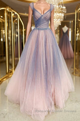 Shiny V Neck Colorful Champagne Long Semi Formal Prom Dresses, Champagne Formal Evening Dresses