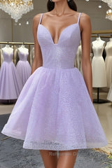 Shiny V Neck Lilac Short Semi Formal Prom Dresses, Lilac Homecoming Dresses