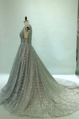 Shiny V Neck Open Back Champagne Long Semi Formal Prom Dresses, Champagne Formal Graduation Evening Dresses