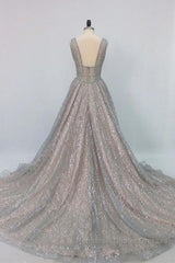 Shiny V Neck Open Back Champagne Long Semi Formal Prom Dresses, Champagne Formal Graduation Evening Dresses