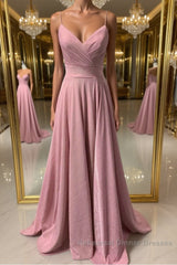 Shiny V Neck Pink Long Semi Formal Prom Dresses, Pink V Neck Long Formal Evening Dresses