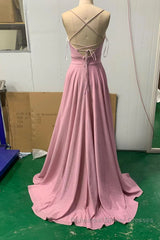 Shiny V Neck Pink Long Semi Formal Prom Dresses, Pink V Neck Long Formal Evening Dresses