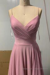 Shiny V Neck Pink Long Semi Formal Prom Dresses, Pink V Neck Long Formal Evening Dresses