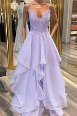 Shiny V Neck Purple Lace Long Semi Formal Prom Dresses, Purple Lace Formal Evening Dresses, Purple Ball Gown