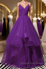Shiny V Neck Purple Long Semi Formal Prom Dresses, Long Purple Formal Evening Dresses, Purple Ball Gown