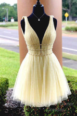 Shiny V Neck Short Blue/Yellow Semi Formal Prom Dressses, Short Blue/Yellow V Neck Fomal Homecoming Graduation Dresses