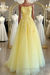Shiny Yellow Lace Floral Semi Formal Prom Dresses, Shiny Yellow Lace Floral Formal Evening Dresses