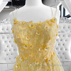 Shiny Yellow Lace Floral Semi Formal Prom Dresses, Shiny Yellow Lace Floral Formal Evening Dresses